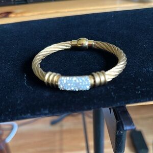 Gold and Silver Cable-Style Bracelet with Blue Crystal